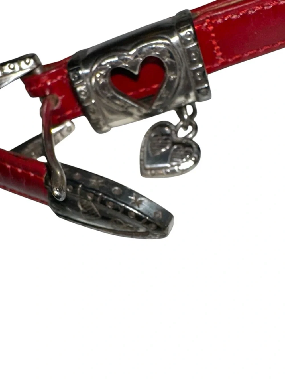 Brighton Croc Embossed Red Leather Belt Heart Charm Skinny Womens Size S 28 - Picture 4 of 9